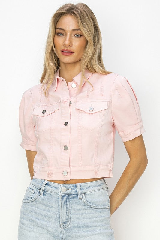 Short Sleeve Crop Pink Denim Jacket