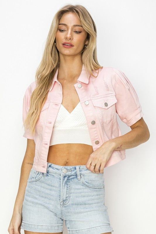 Short Sleeve Crop Pink Denim Jacket