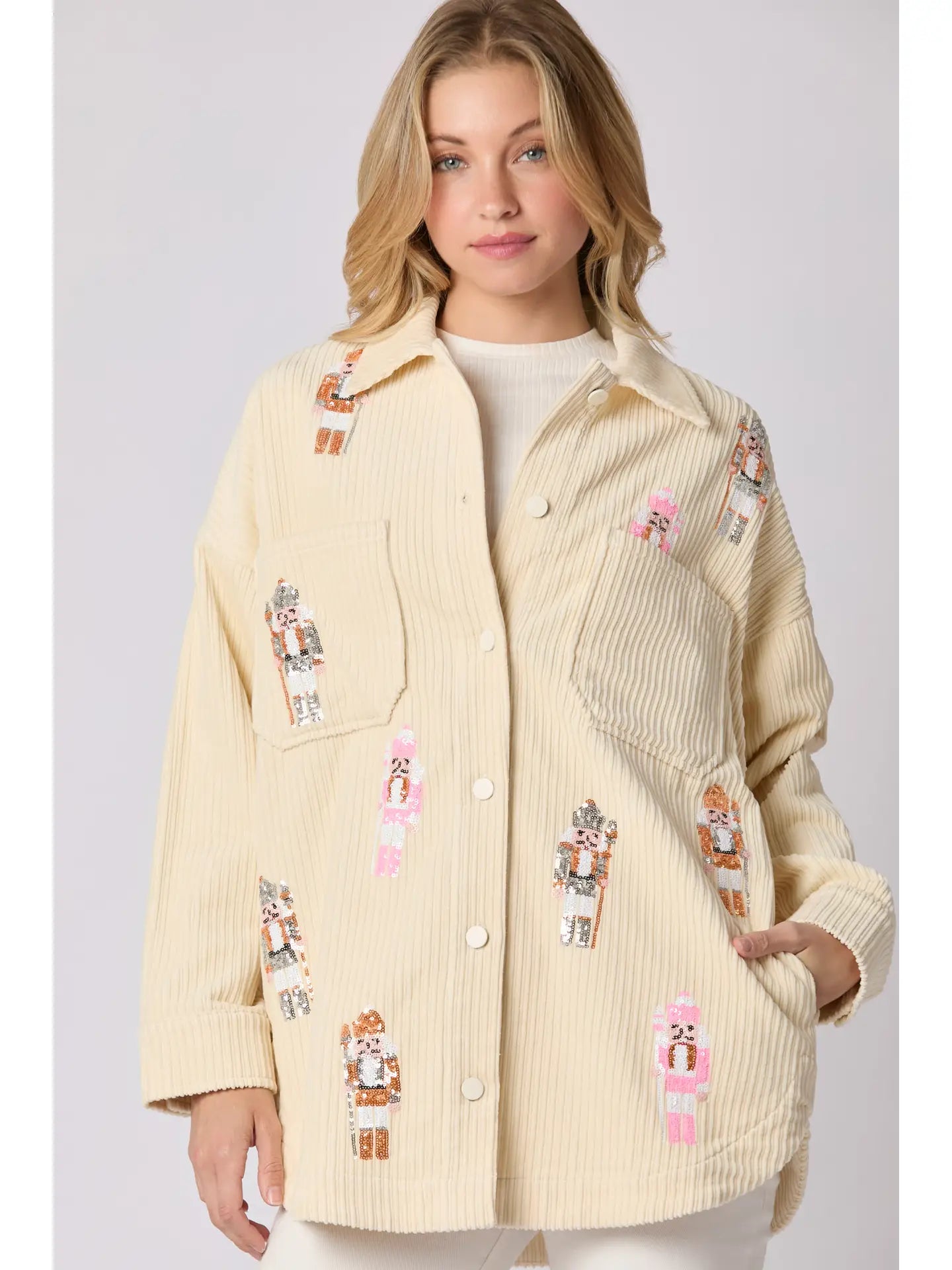 Cream Corduroy Nutcracker Sequin Shacket