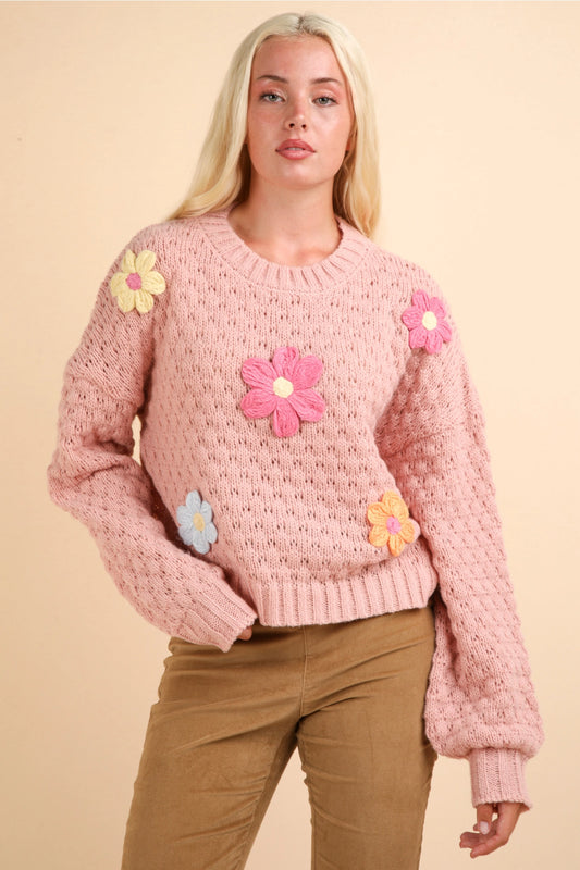 Flower Applique Knit Sweater Top