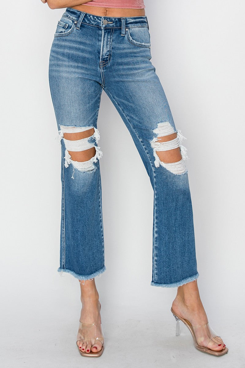 Risen Mid Rise Distressed Ankle Flare Jeans