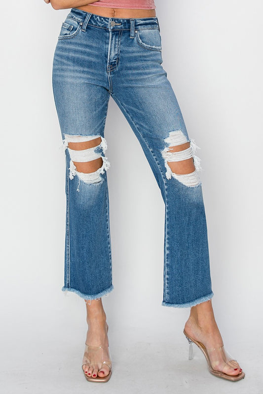 Risen Mid Rise Distressed Ankle Flare Jeans