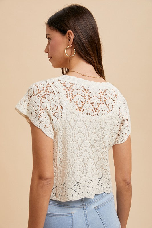 Crochet Short Sleeve Button Down Crop Cardigan