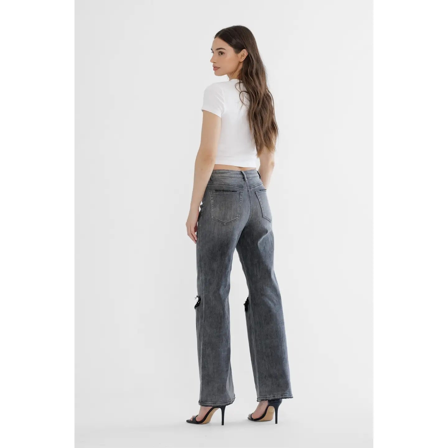 Mica Black Super High Rise Wide Led With Distressed Knee Jeans