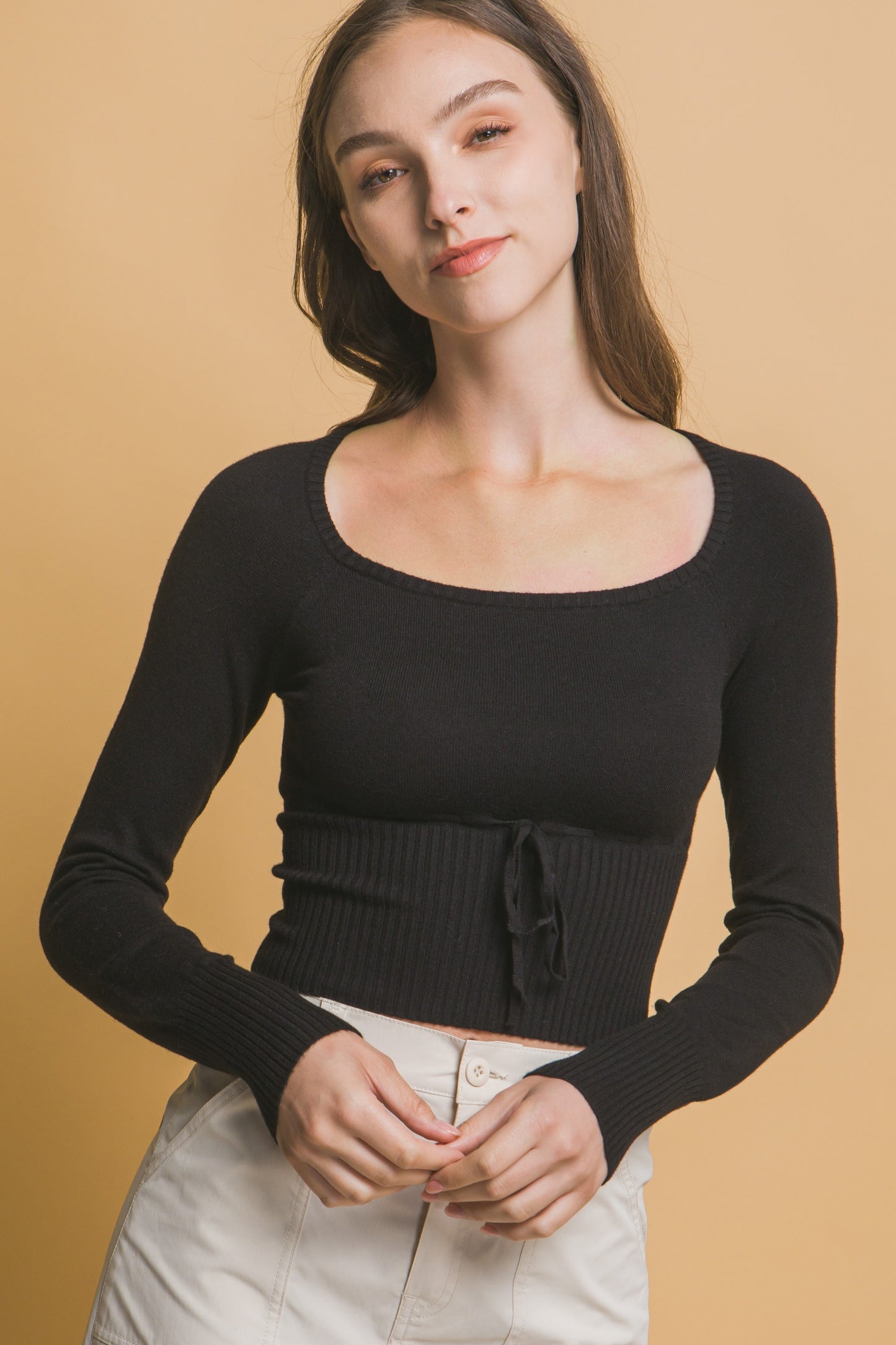 Front Tie Ribbed Sweater