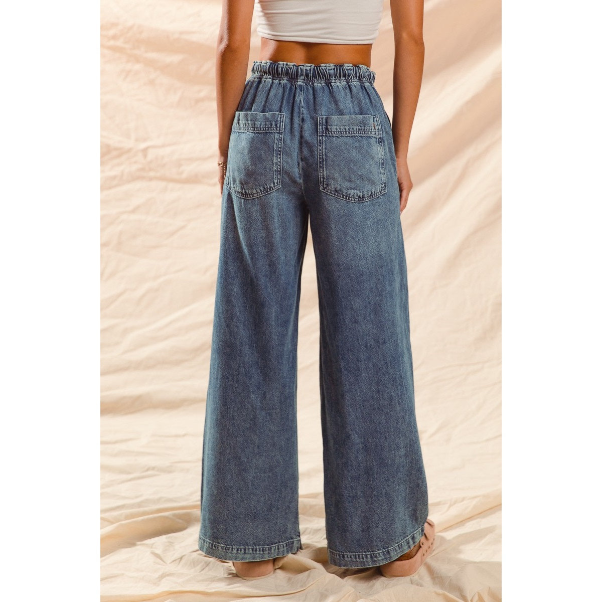 Wide Leg Denim Pants with Drawstring