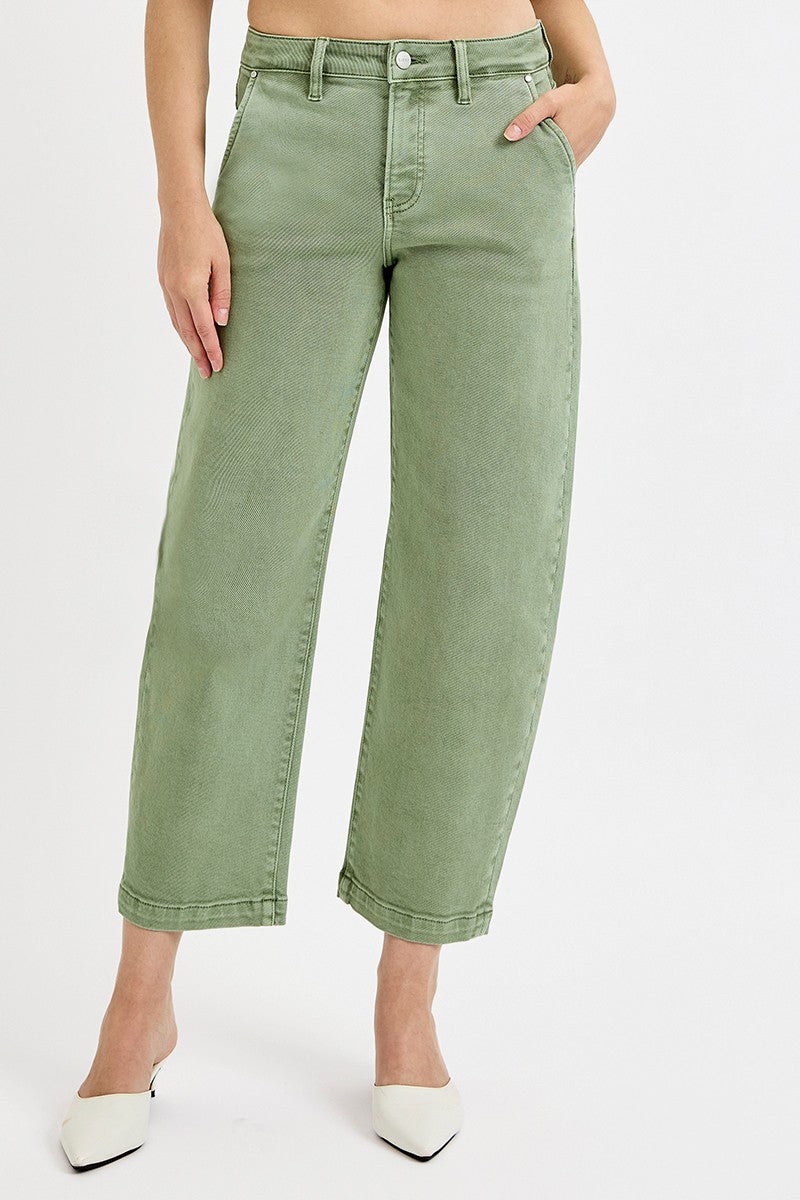Tummy Control High Rise Risen Crop Barrel Pants Olive