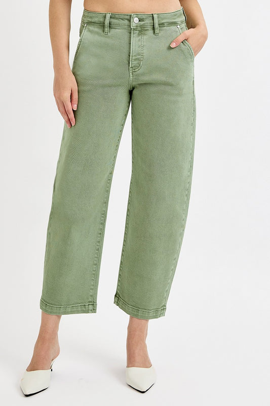 Tummy Control High Rise Risen Crop Barrel Pants Olive