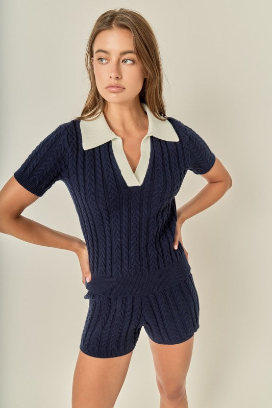 Navy Polo Knit Top