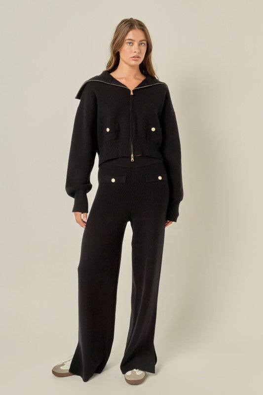 Gold Button Zip-Up Knit Cardigan
