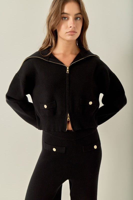 Gold Button Zip-Up Knit Cardigan