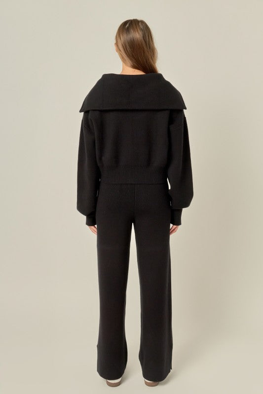 Gold Button Zip-Up Knit Cardigan