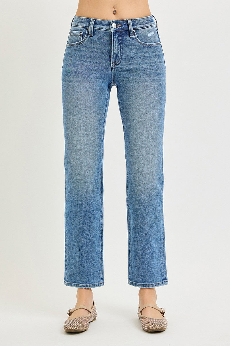 Tummy Control 4 Way Stretch Risen Mid Rise Ankle Straight Jeans