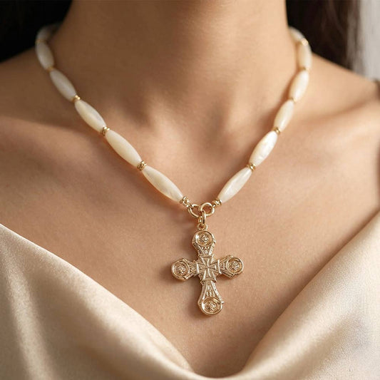 Bold Elegant Cross Pendant Chunky Resin Beaded Statement Necklace