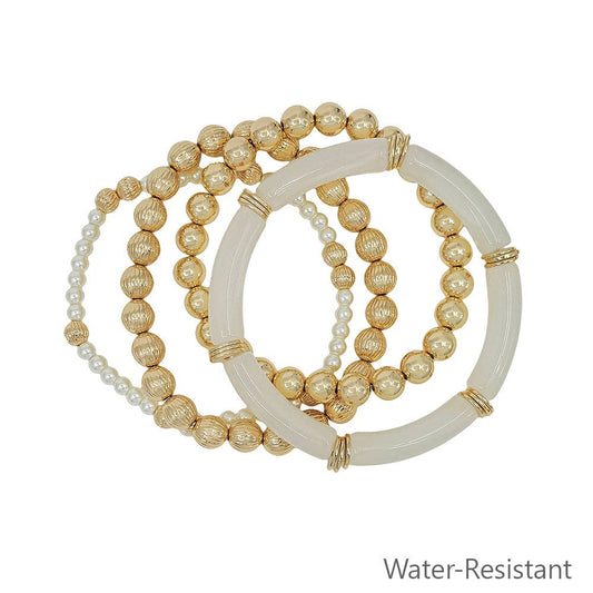 Water Resistant Set of 4 White Resin, Gold & Pearl Beaded Stretch Bracelets