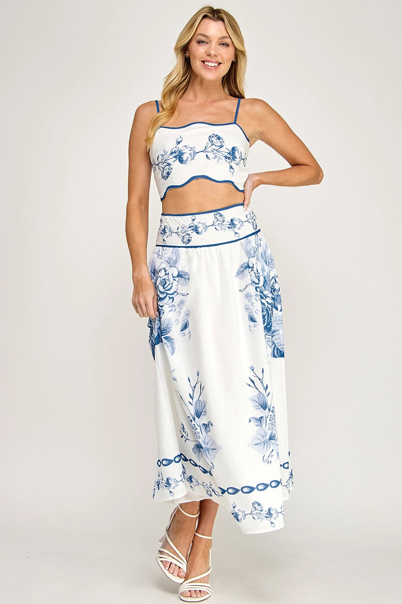 Linen Straps Smocking Top Maxi Pockets Skirt Set
