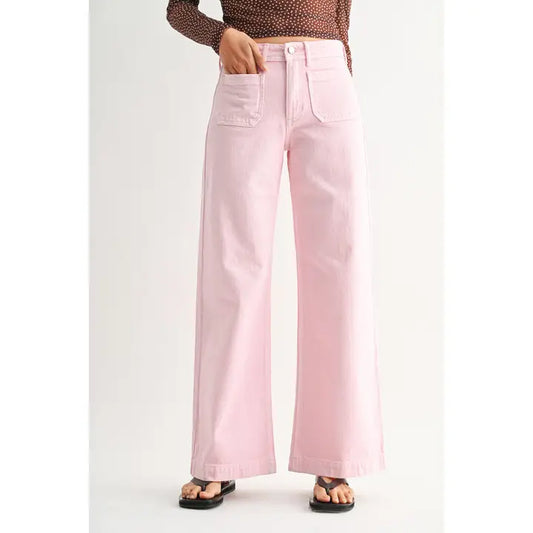 Pink Patch Pocket Wide Leg Jeans