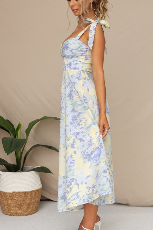 Blue Pastel Floral Sweetheart Midi Dress