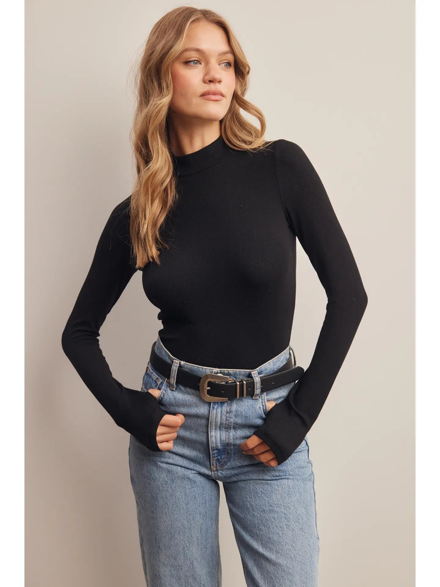Stretch Ribbed Mock Neck Top