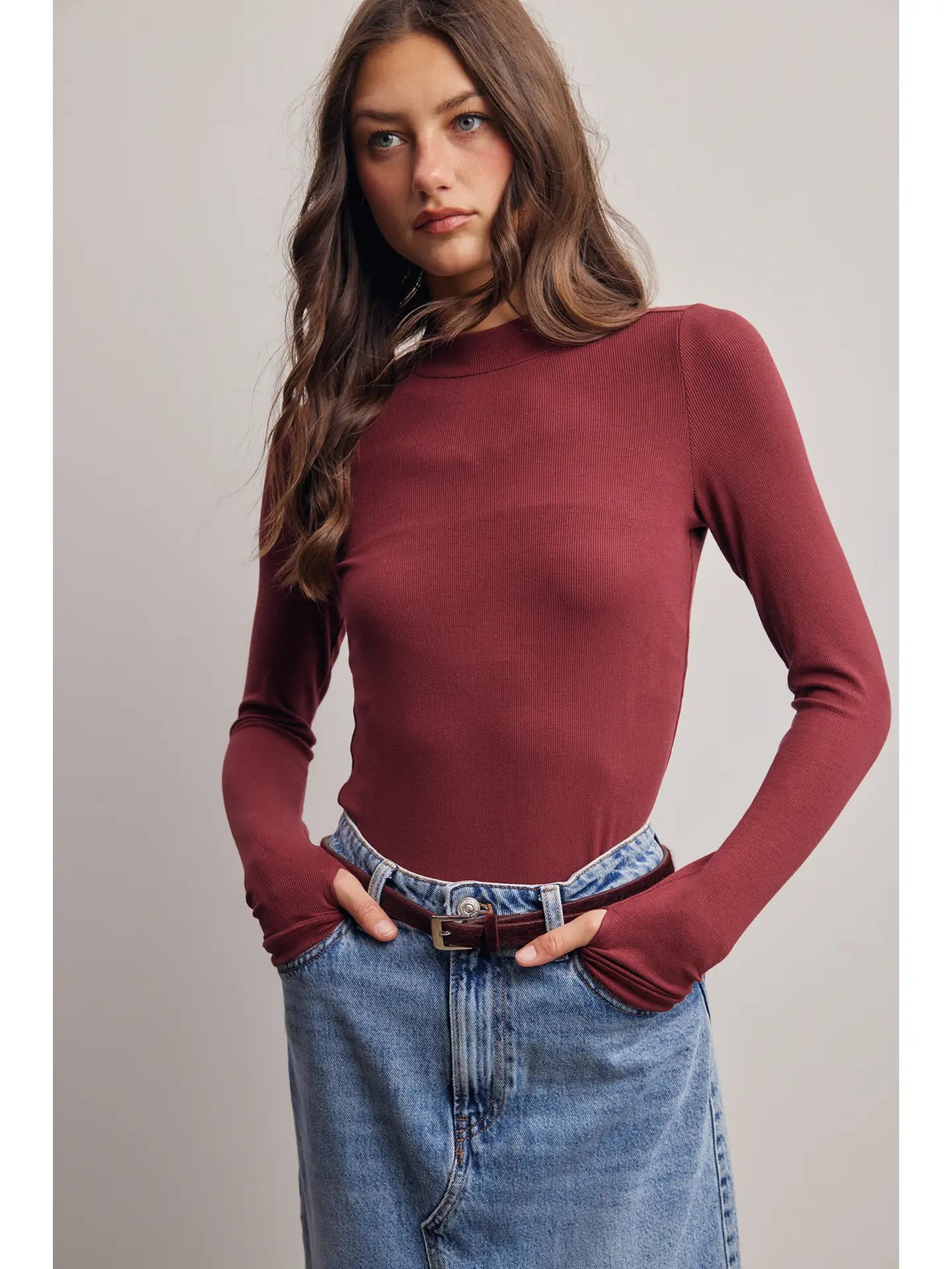 Stretch Ribbed Mock Neck Top