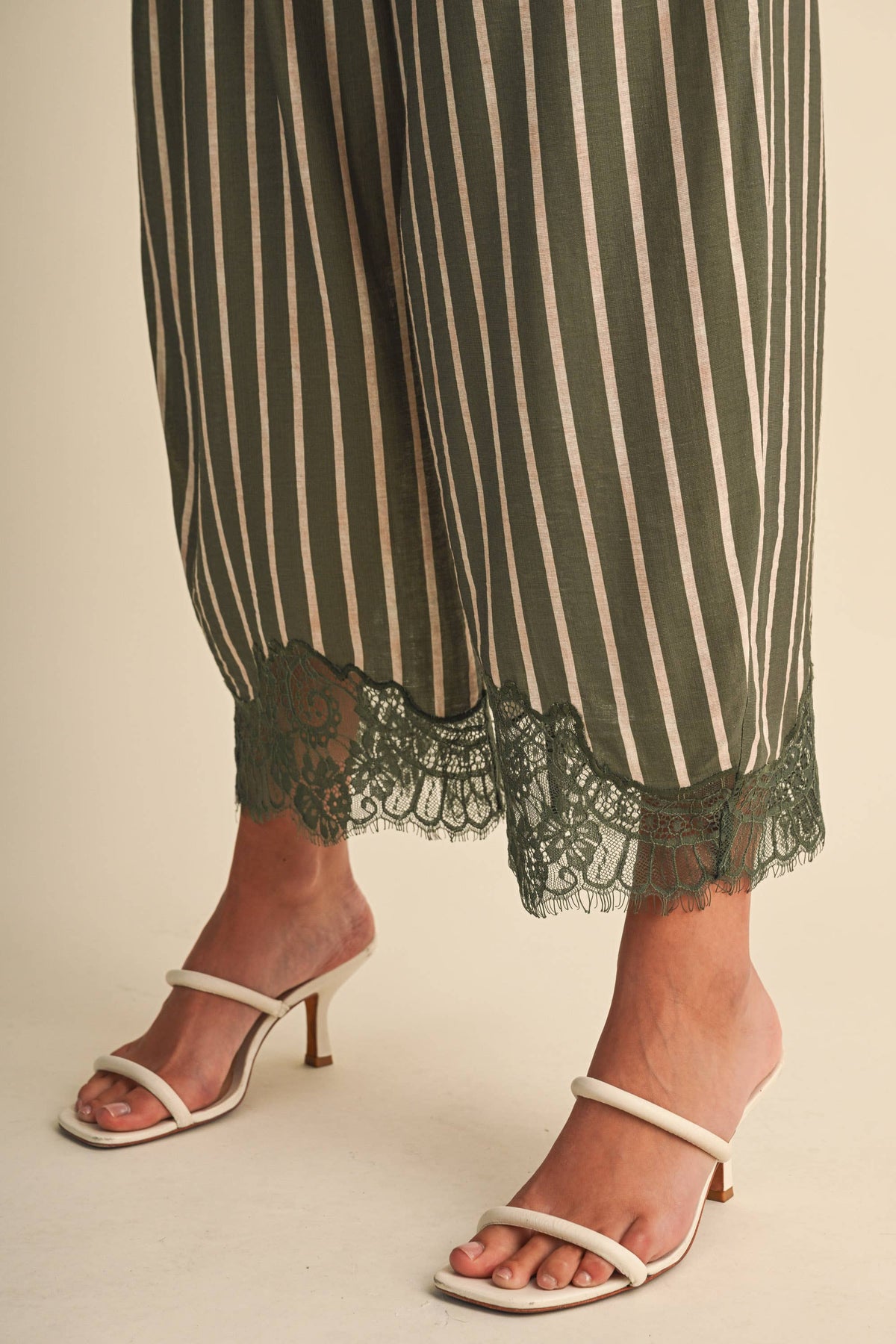 Olive Green Striped Barrel Pants with Lace Detail
