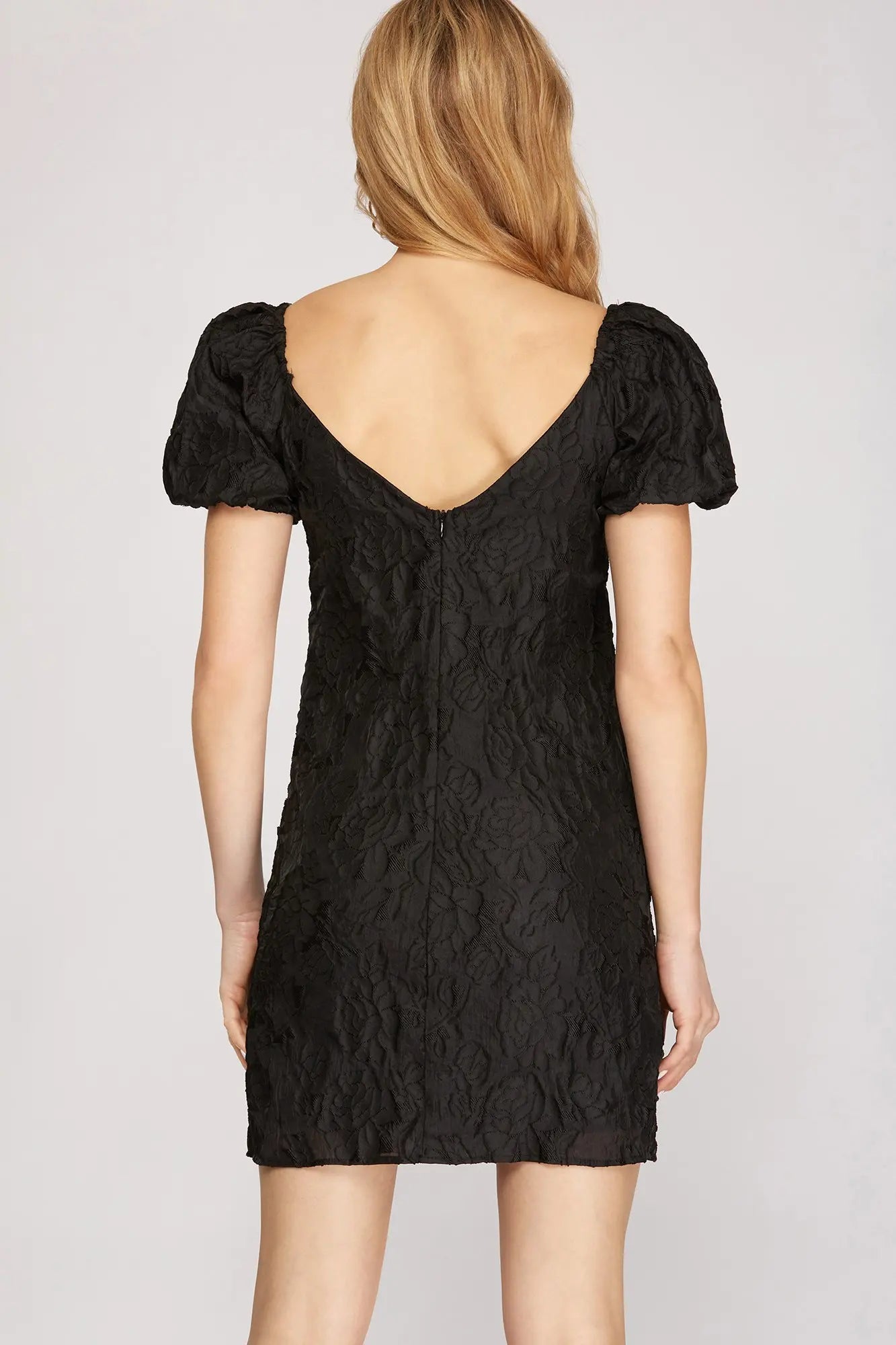 BLACK SHORT PUFF SLEEVE WOVEN JACQUARD DRESS