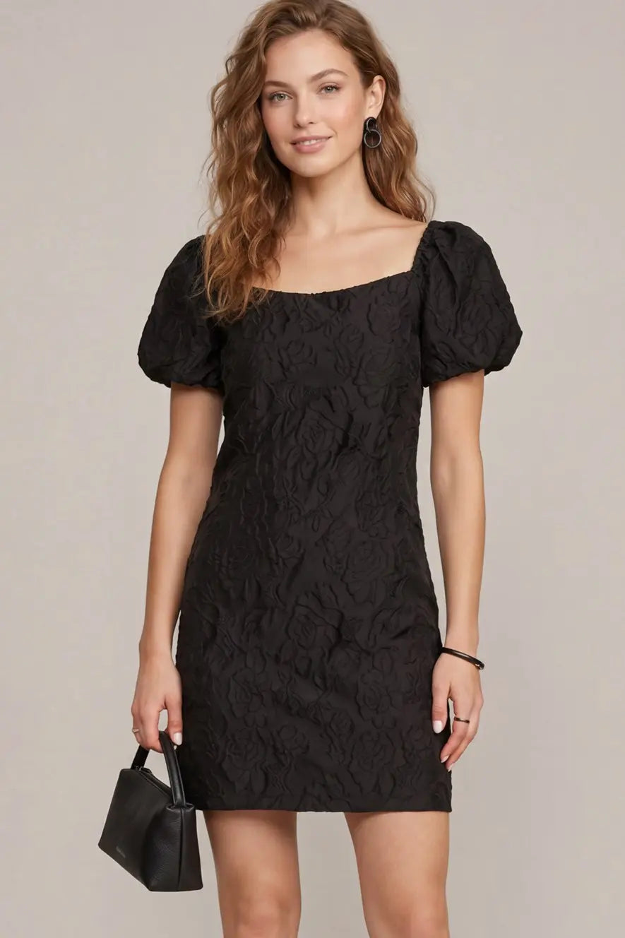 BLACK SHORT PUFF SLEEVE WOVEN JACQUARD DRESS