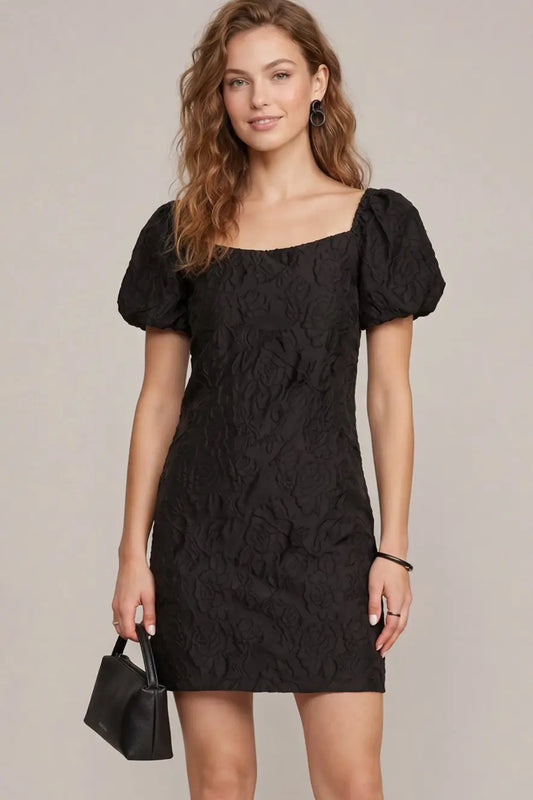 BLACK SHORT PUFF SLEEVE WOVEN JACQUARD DRESS