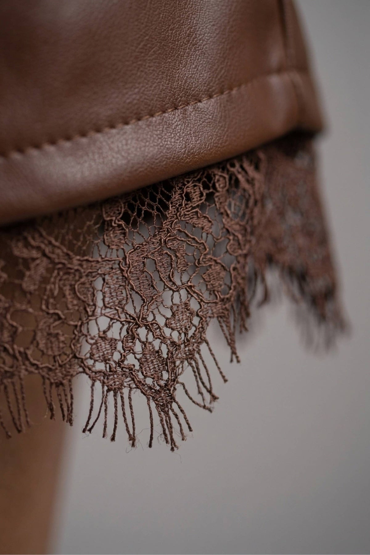 Dark Brown Leather Pleated Shorts With Lace Hem