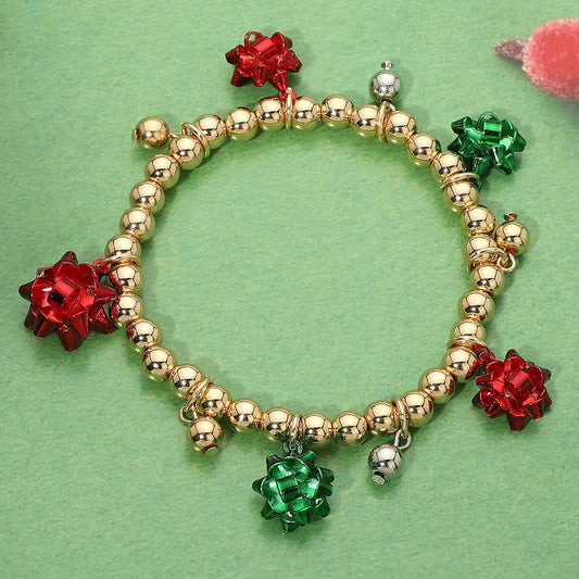 Christmas Gift Bow Bell Charm Beaded Stretch Bracelet