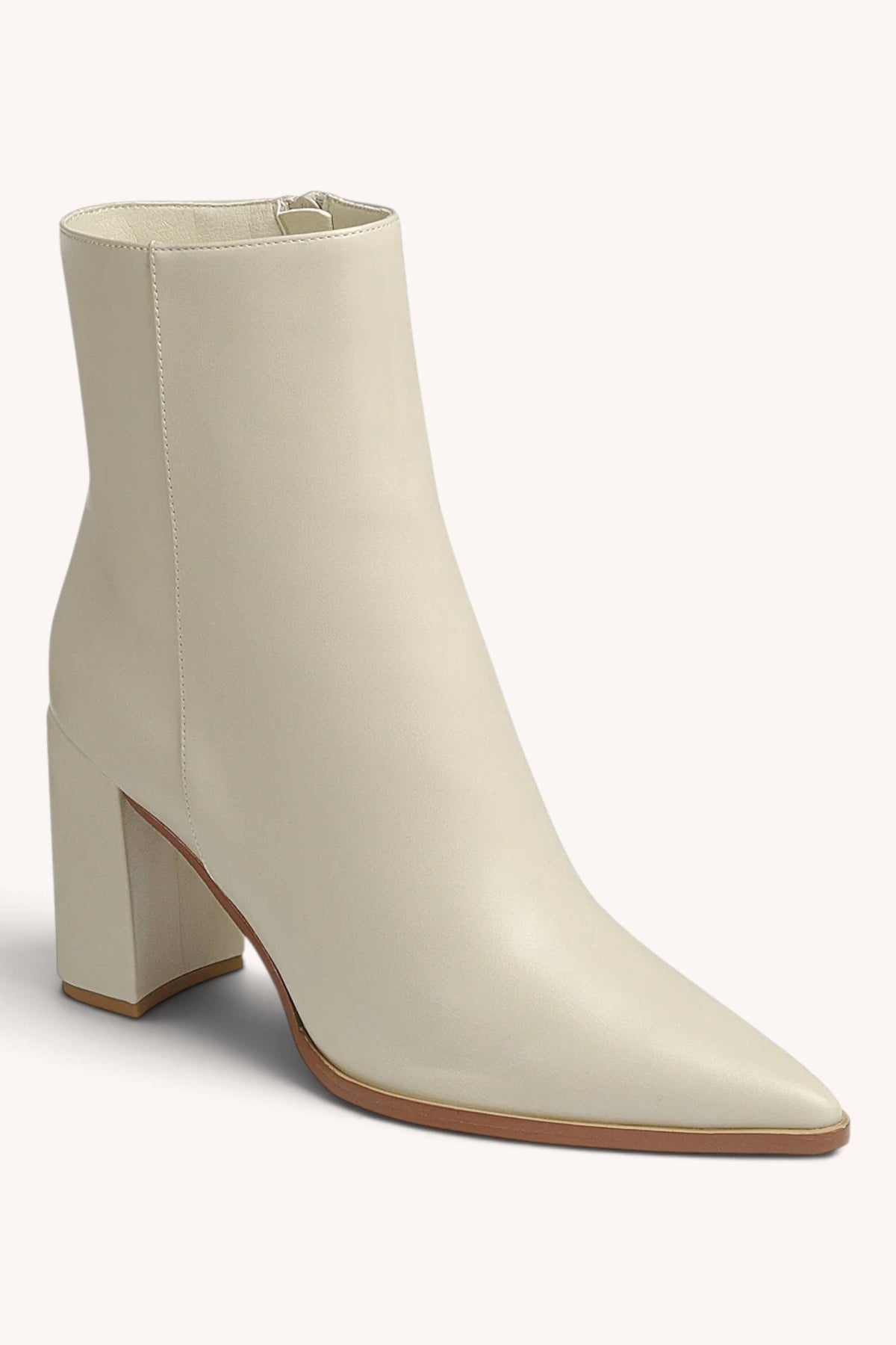 Bone Colored Sleek Pointed Toe Heel Ankle Boots