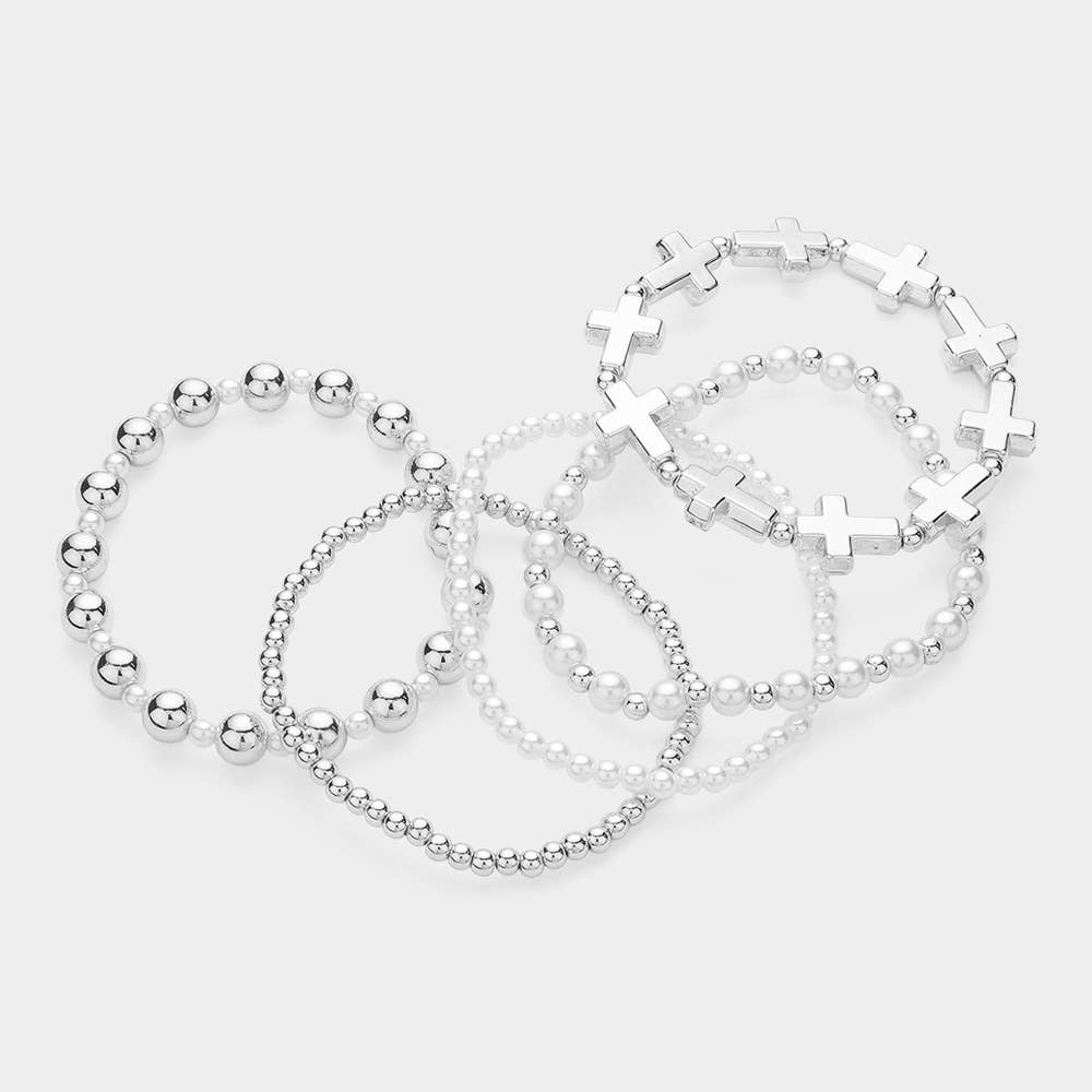 5PCS - Metal Cross Pearl Bead Stretch Multi Layered Bracelet
