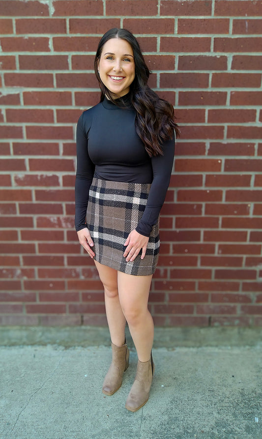 Dark Mocha Plaid Mini Skirt