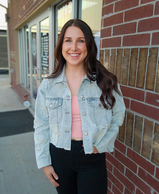 Denim Washed Pearl Bow Cropped Jacket