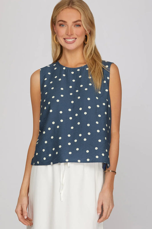 Navy Sleeveless Polka Dot Top