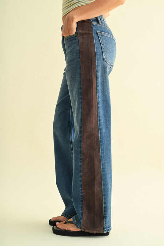 Corduroy Side Panel Wide Leg With Dark Denim