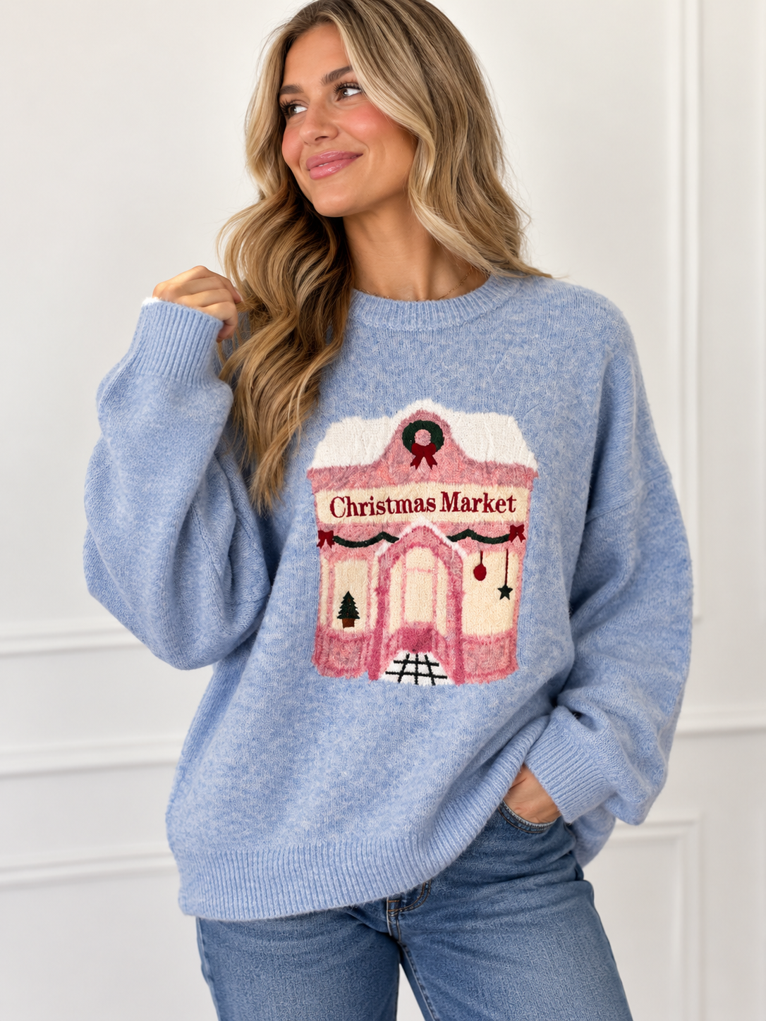 Christmas Market Graphic Oversized Crew Neck Sweater