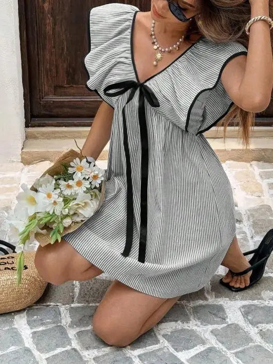Striped Mini Dress with Ruffle Sleeves and Front Bow