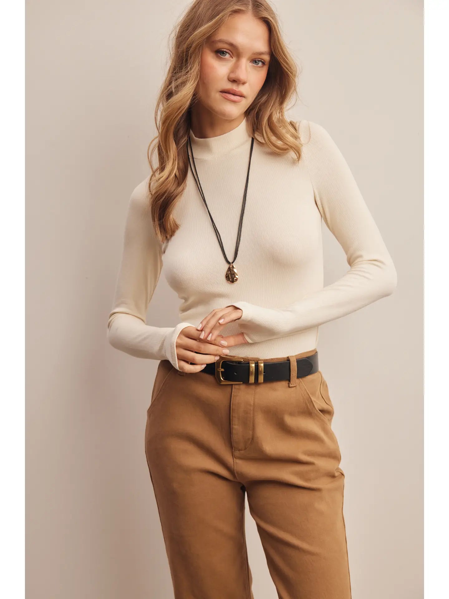 Stretch Ribbed Mock Neck Top