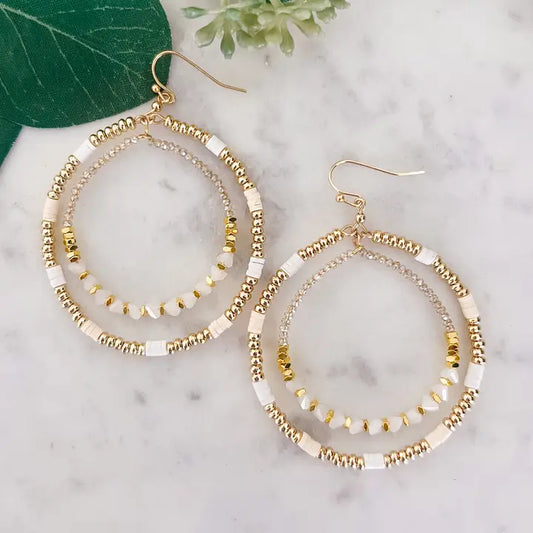 White Beaded Circle Dangle Hoop Earrings