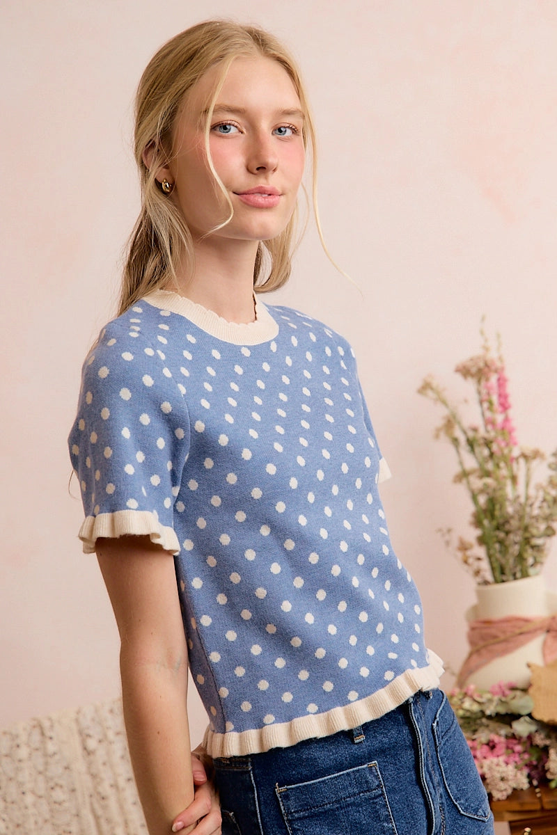 Polka Dot Ruffled Short Sleeves Sweater Knit Top