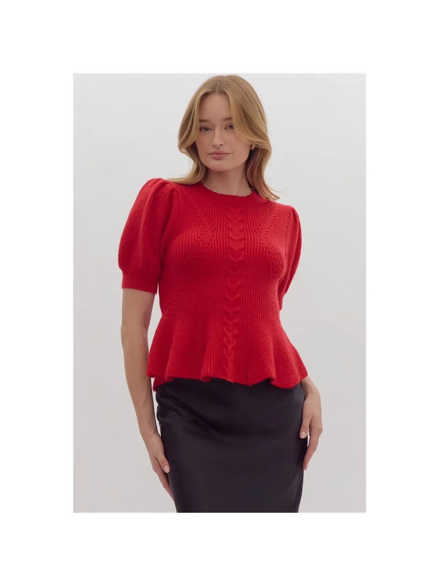 Red Cable Knit Peplum Top