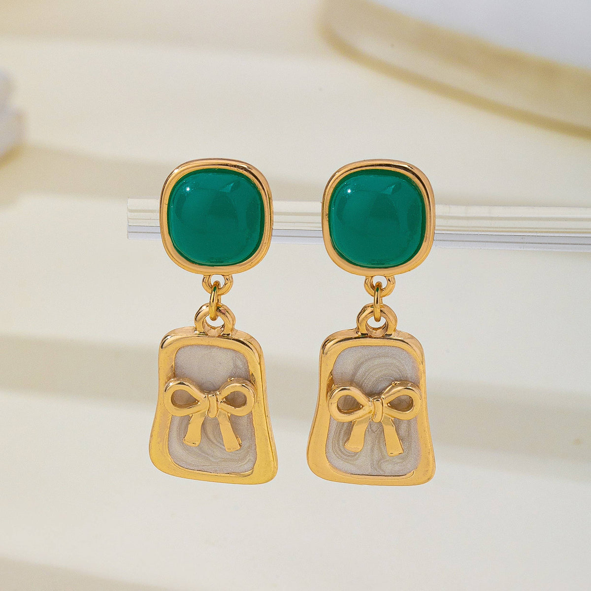 Green Stone and Enamel Bow Drop Earrings