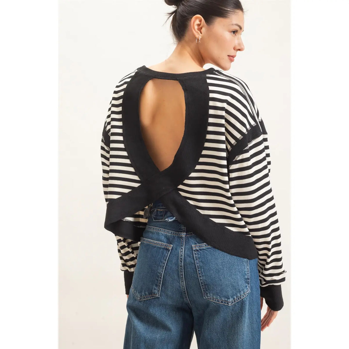 Black & White Striped Long Sleeve Open Back Top