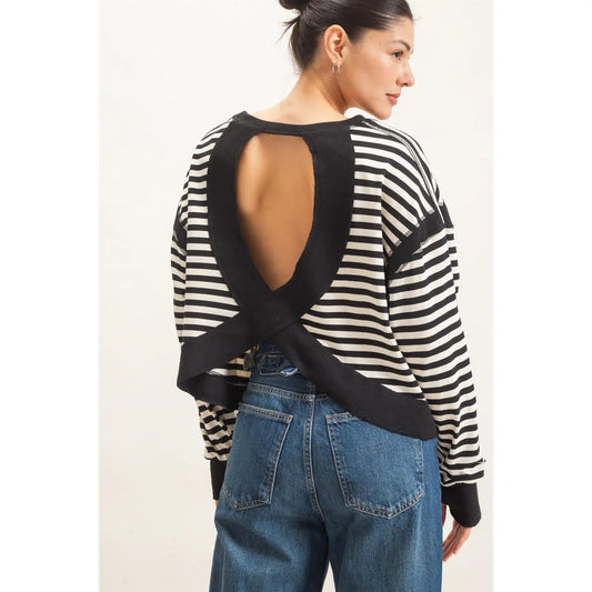 Black & White Striped Long Sleeve Open Back Top