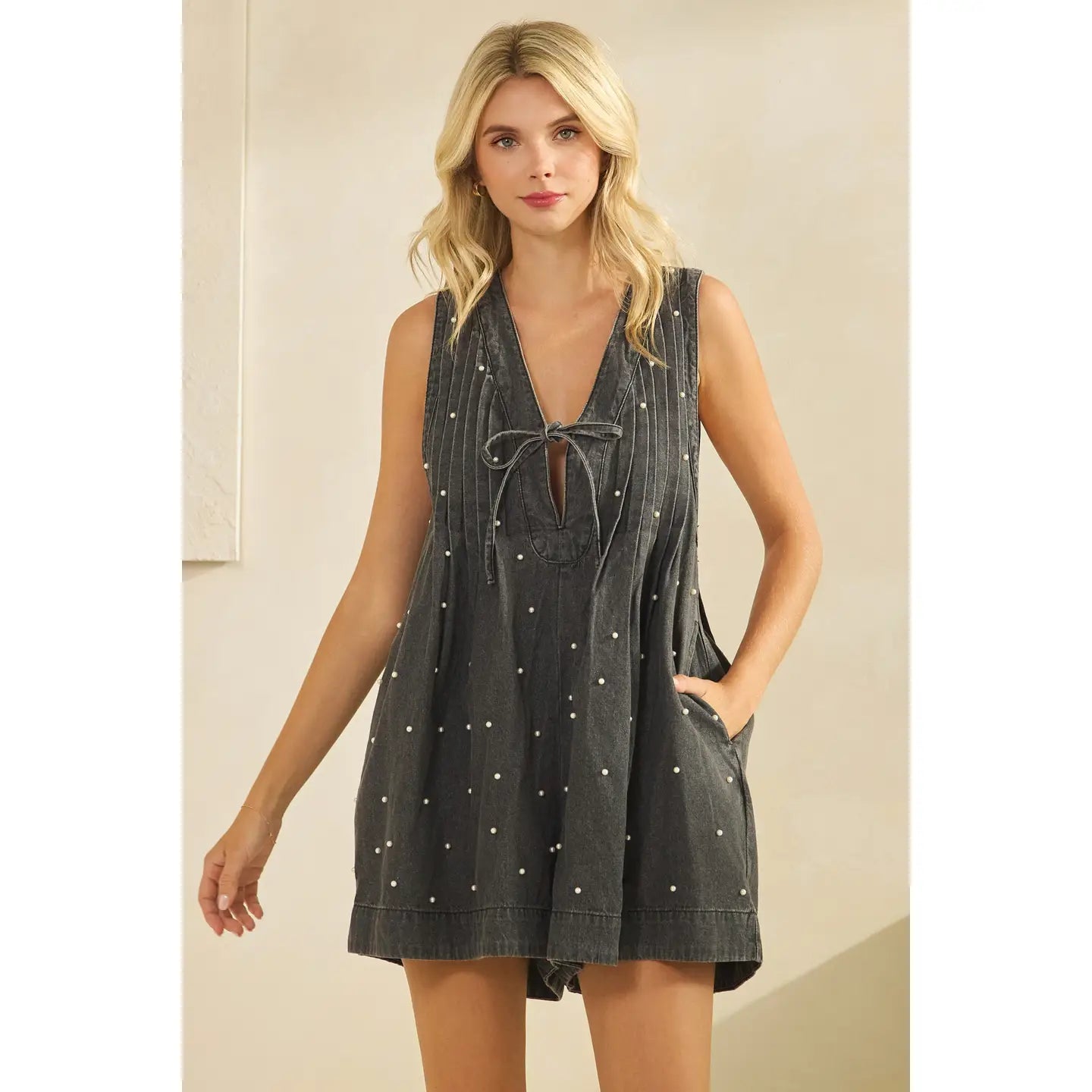Black Wash Denim Romper w/ Pearls