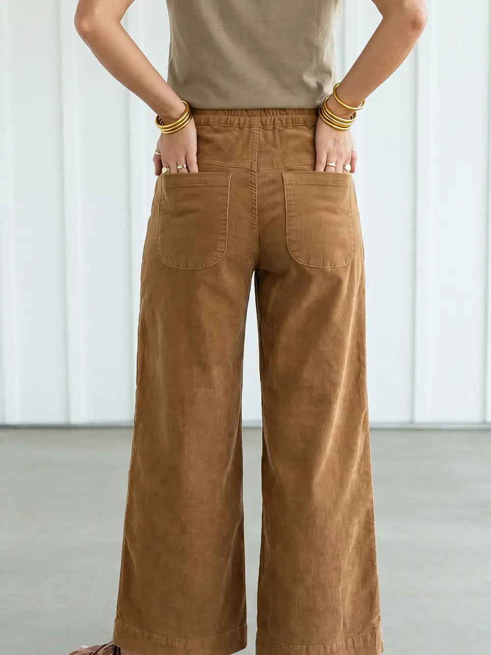 Wooden Button Elastic Waist Wide Leg Pants