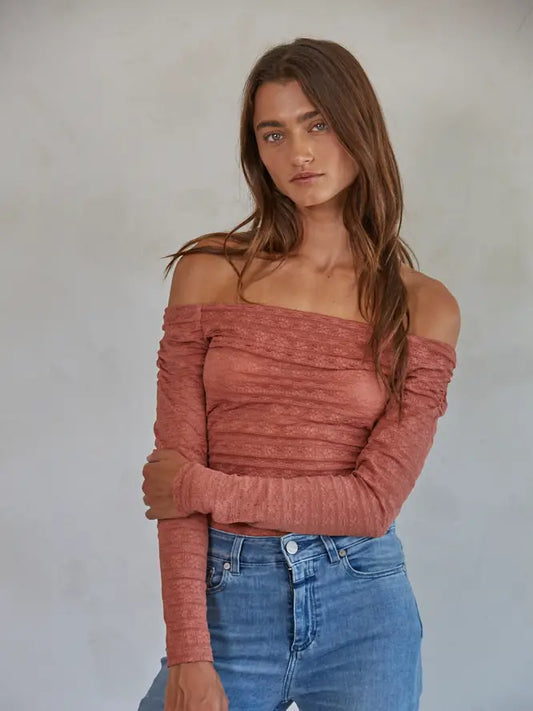 Dusty Mauve Knit Nylon Lace Off The Shoulder Bodysuit