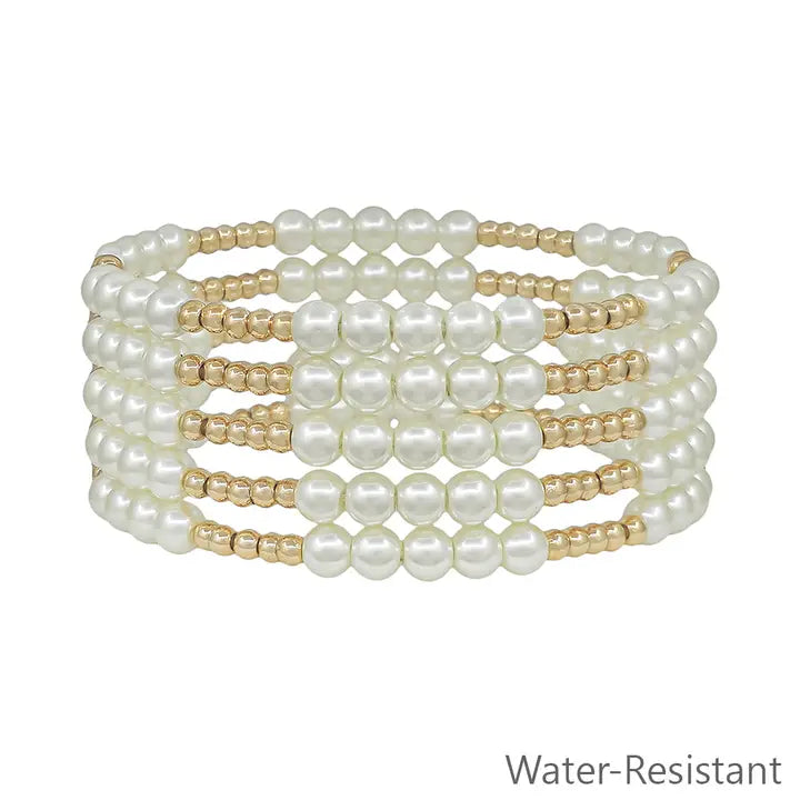 Set of 5 Beaded Pearl & Gold Stretch Bracelet