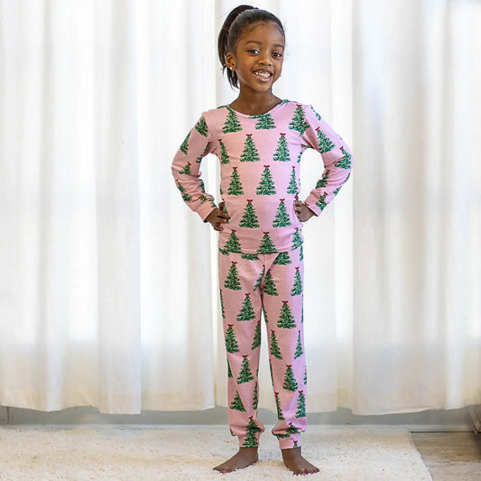 Kid's Noelle Tree Long Sleeve Pajamas Light Pink